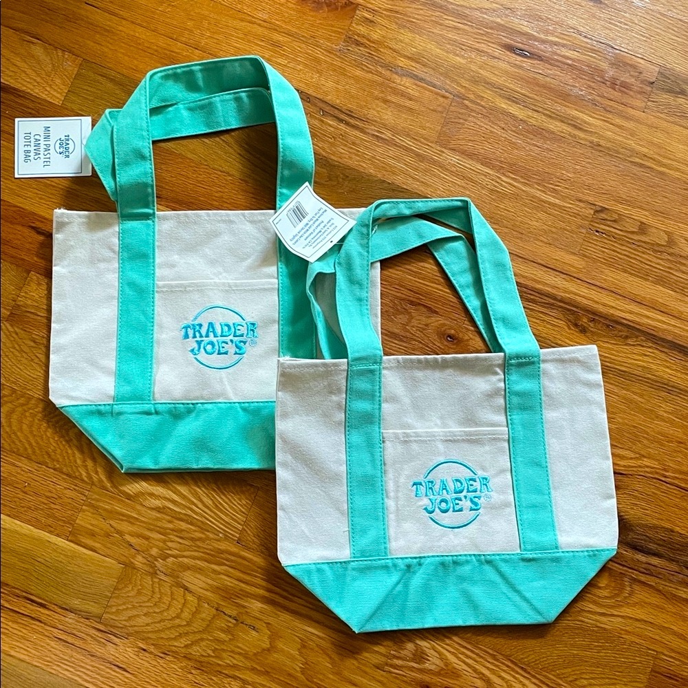 Trader Joe’s 2 MINI spring pastel green and Cream Canvas Tote Bag